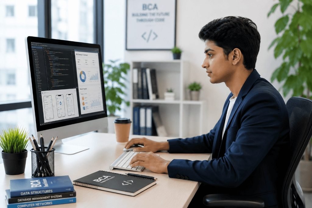 BCA Student at Computer Workstation, Doon College of Higher Education